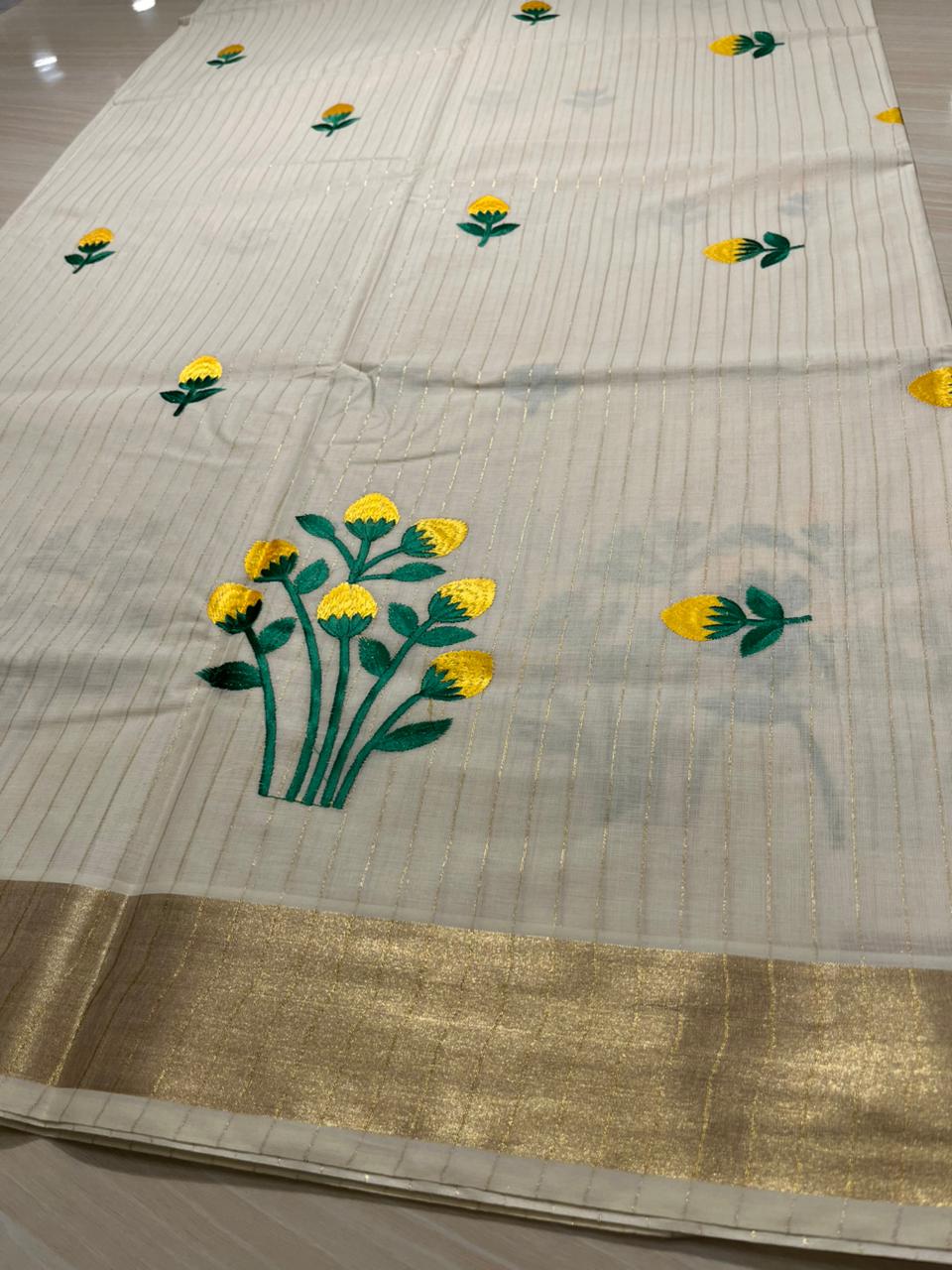 Yellow Floral Cotton Lines Kerala Saree SL124