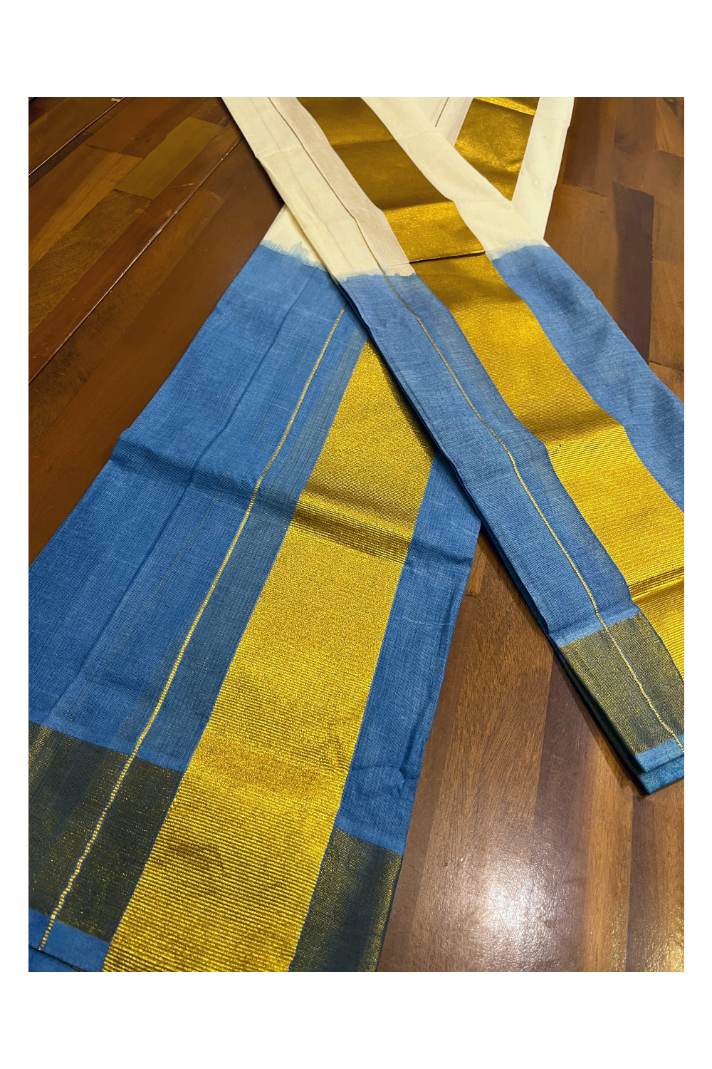 Southloom Tie & Dye - Half & Half Multi Colour Blue Design Set Mundu (Mundum Neriyathum) with Super Soft Cotton