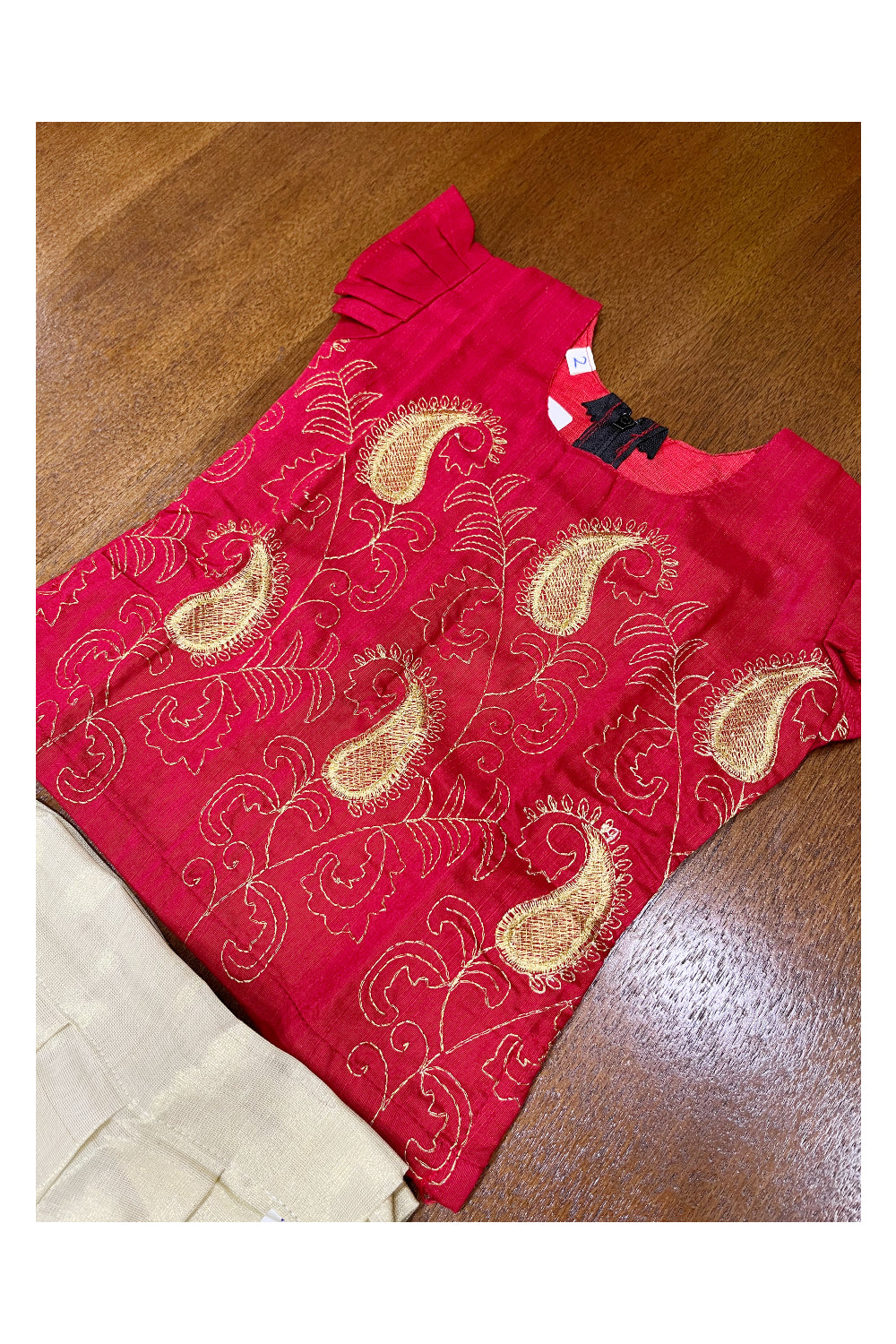 Southloom Kerala Red Pattupavada and Blouse with Embroidery Work (Age 1- 5)