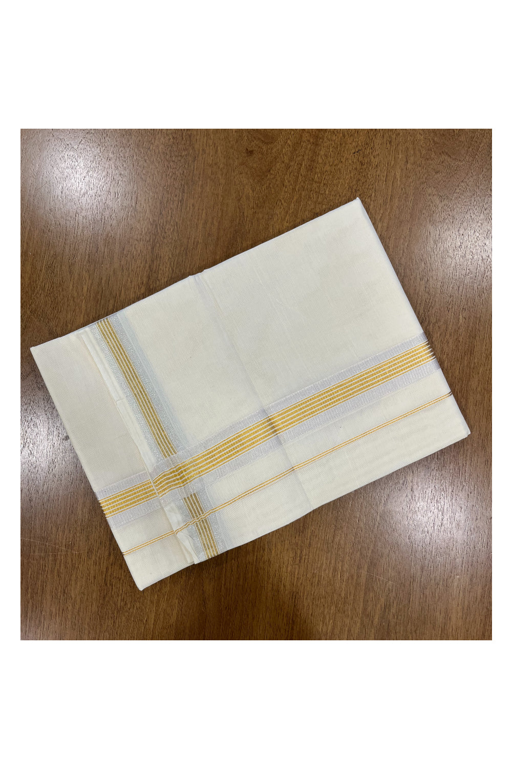 Pure Cotton Off White Double Mundu with Silver and Gold Kasavu Lines Kara (South Indian Kerala Dhoti)