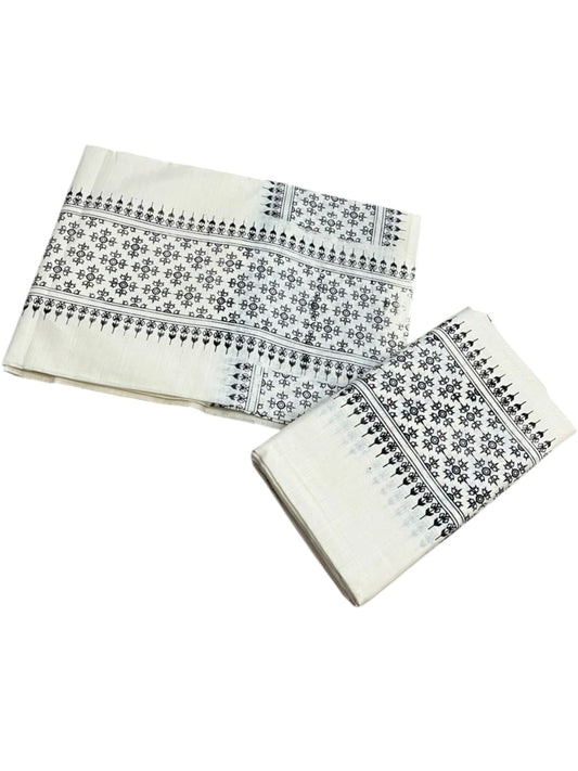 Southloom Kerala Cotton Set Mundu (Mundum Neriyathum) with Black Floral Prints on Border-2.80Mtrs SL625
