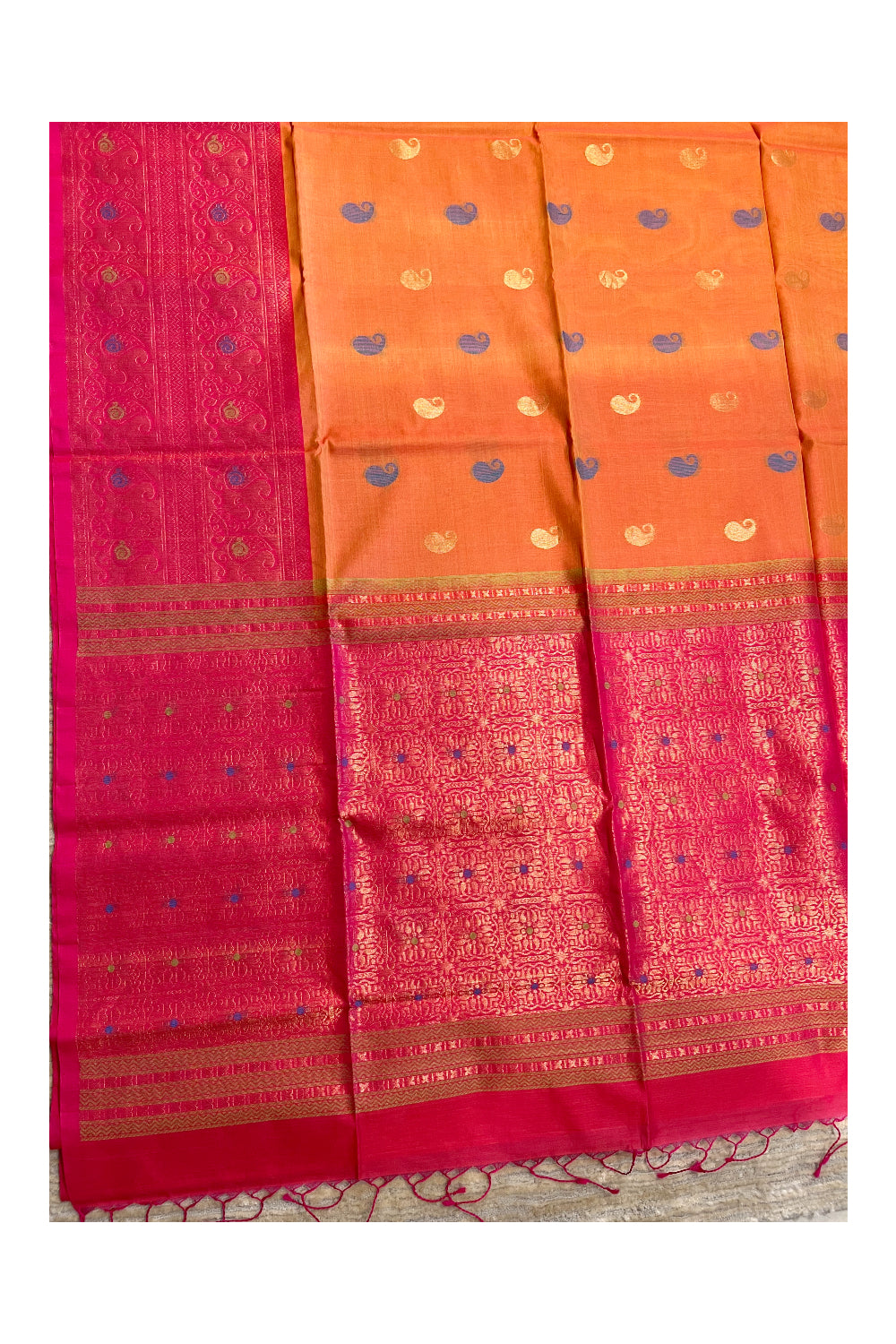 Southloom Pure Handloom Cotton Silk Saree With Handwoven Work Across Body and Blouse in Orange And Pink