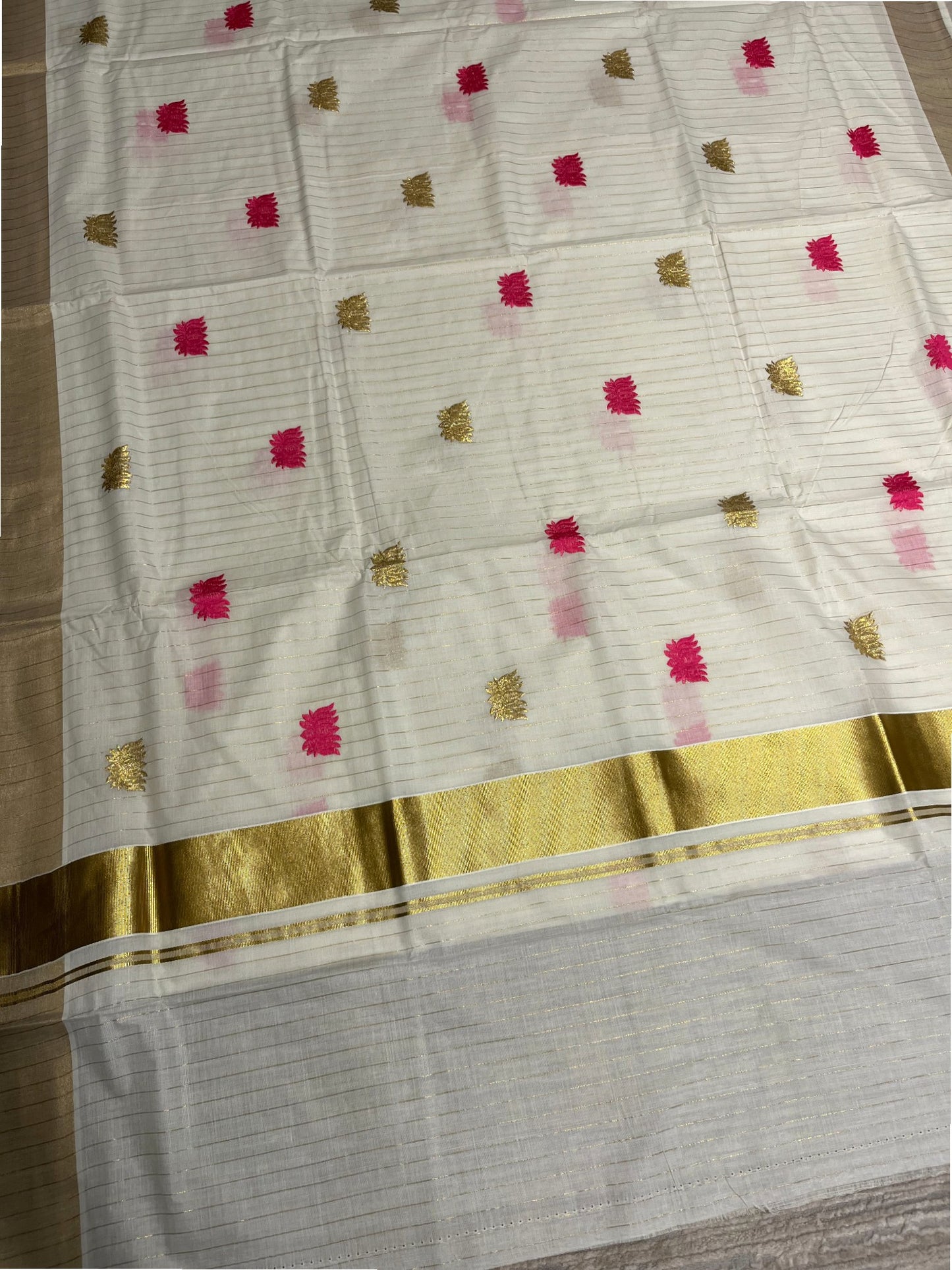 Southloom Kerala Cotton Kasavu Line Saree with Pink Lotus Embroidery Works