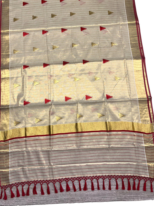 Kerala Tissue Kasavu Stripes Saree with Red and Gold Temple Embroidery Design on Body