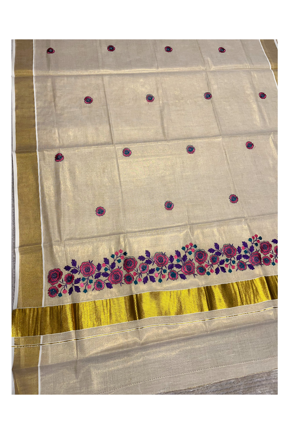 Southloom Tissue Kerala Kasavu Saree with Floral Embroidery Design