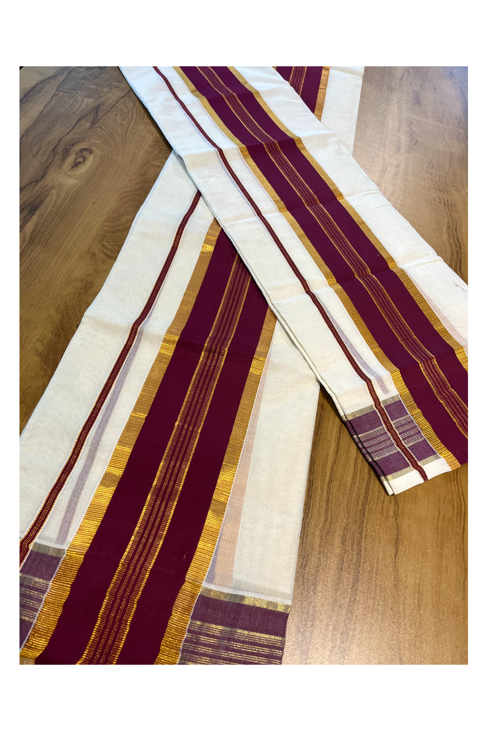 Kerala Cotton Set Mundu (Mundum Neriyathum) with Kasavu and Purple Border in 2.80 Mtrs