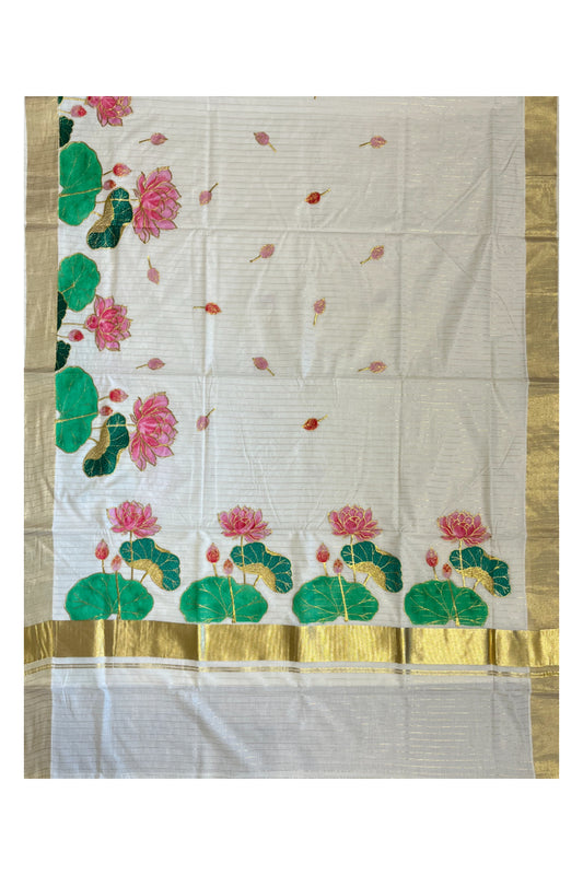 Southloom Cotton Kerala Kasavu Saree with Hand Painted Embroidery Lotus Design