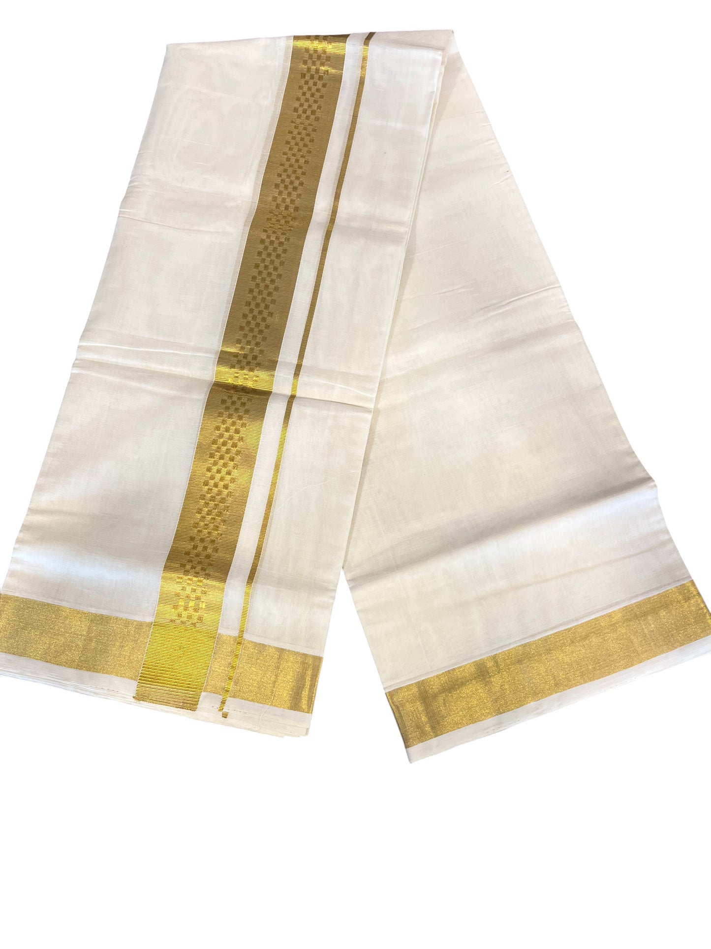 Southloom Premium Handloom Cotton Double Mundu with Gold Kasav Border