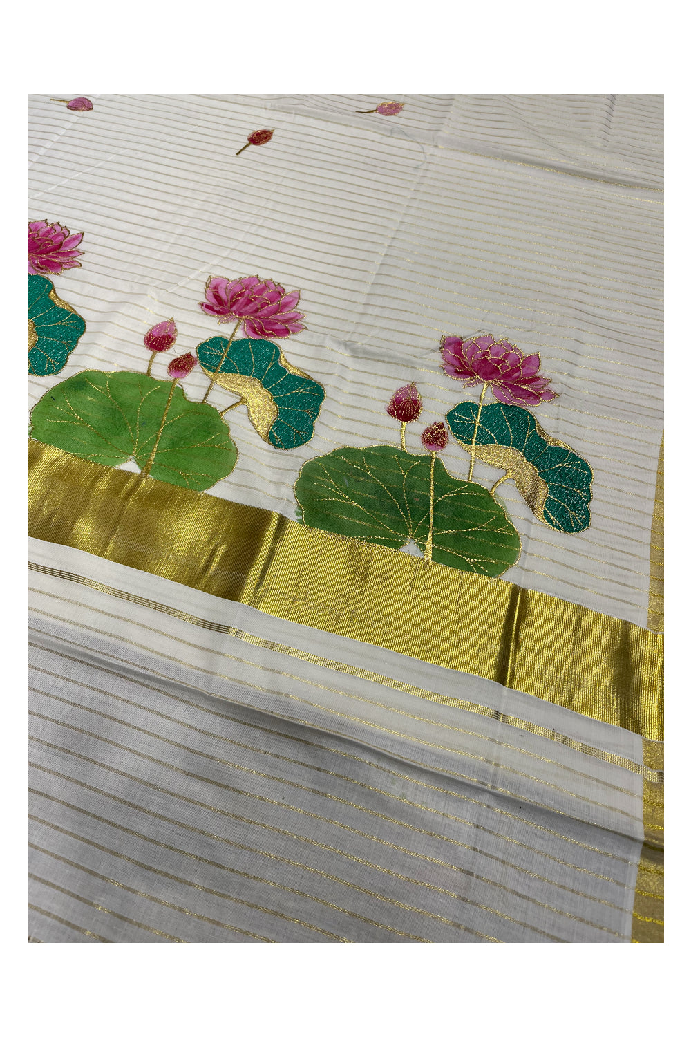 Southloom Cotton Kerala Kasavu Saree with Hand Painted Embroidery Lotus Design