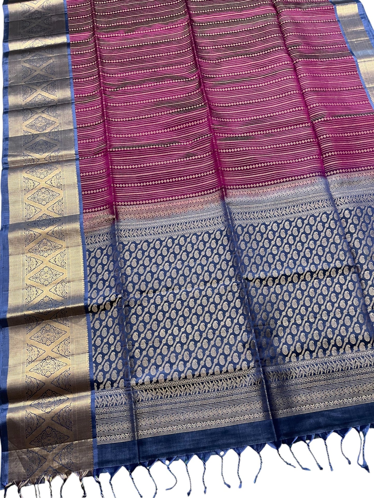 Southloom Pure Handloom Bridal Kanchipuram Silk Saree with Korvai Zari Work (Purple & Blue)
