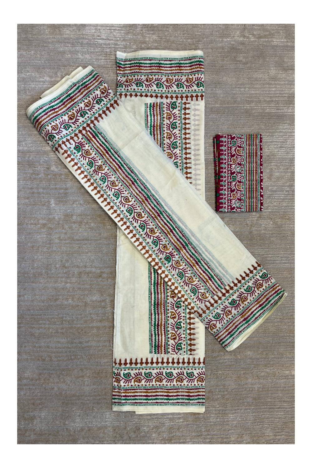 Southloom Pure Cotton Mulloth Set Mundu with Warly Print (Purple Printed Blouse Piece)
