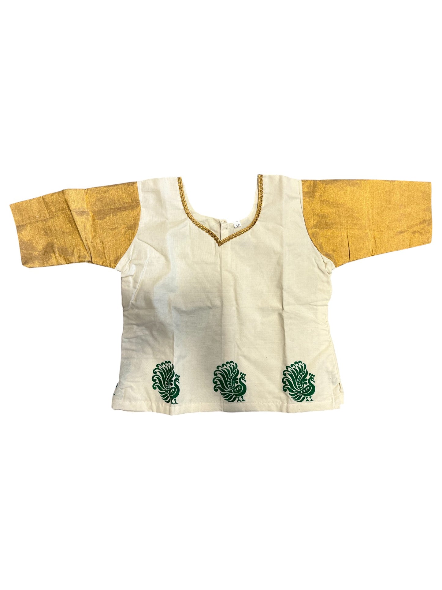 Southloom Kerala Cotton Kasavu Pavada Blouse with Hand Printed Work for Kids