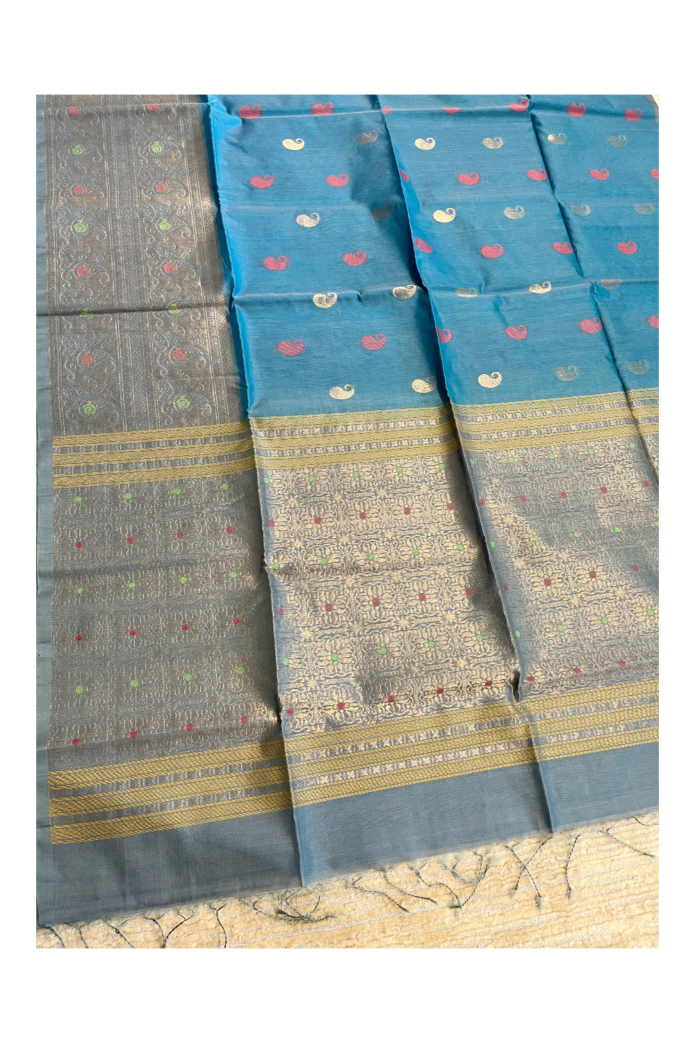 Southloom Pure Handloom Cotton Silk Saree With Handwoven Work Across Body and Blouse in Blue And Grey