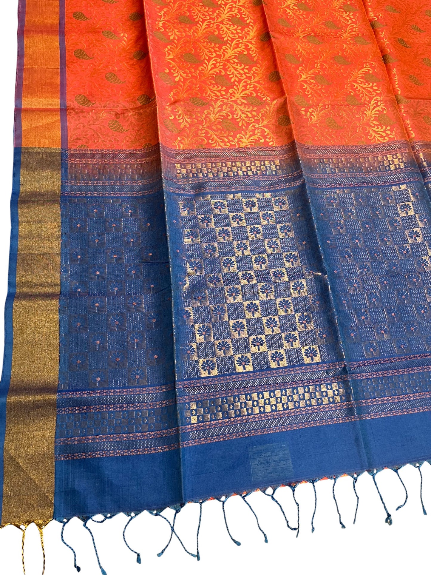 Southloom Pure Handloom Kanchipuram Silk Saree Korvai Zari Work (Blue & Peach)