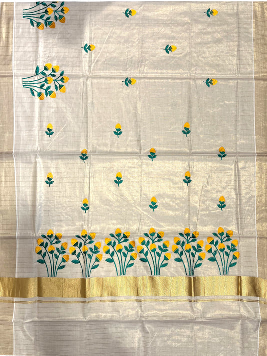 Southloom Tissue Kerala Kasavu Saree with Floral Embroidery Design in Yellow