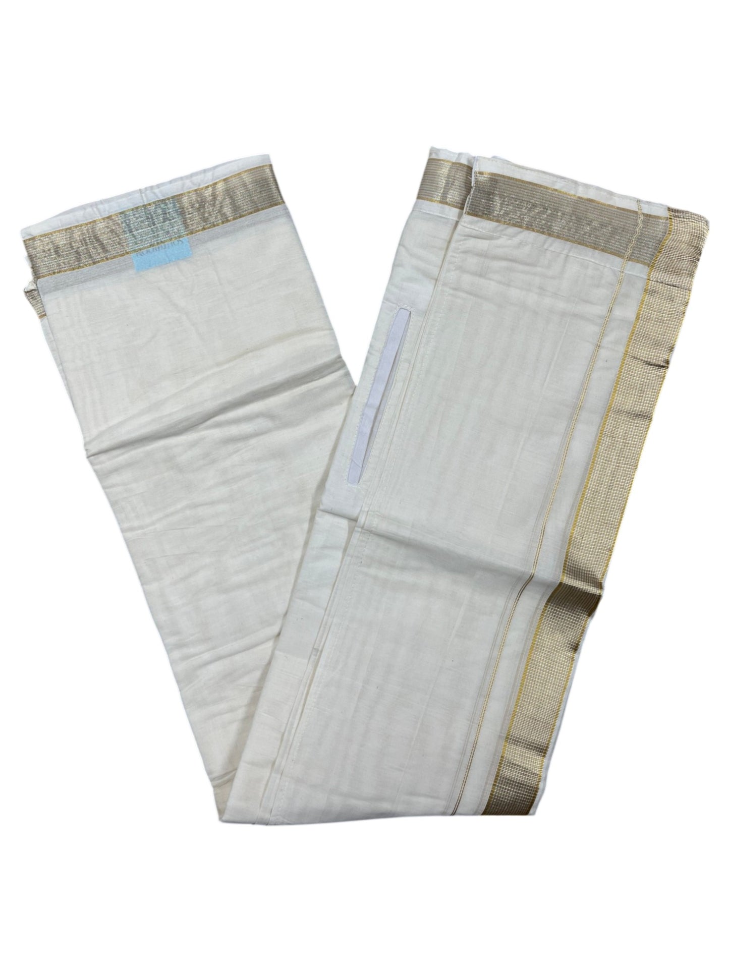 Southloom Kerala Cotton VELCRO Double Mundu with Gold Kasavu Border (South Indian Kerala Dhoti)