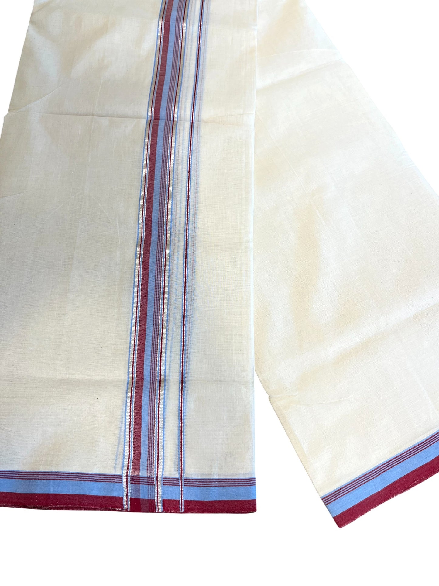 Southloom Premium Handloom Cotton Double Mundu with Blue and Maroon Border