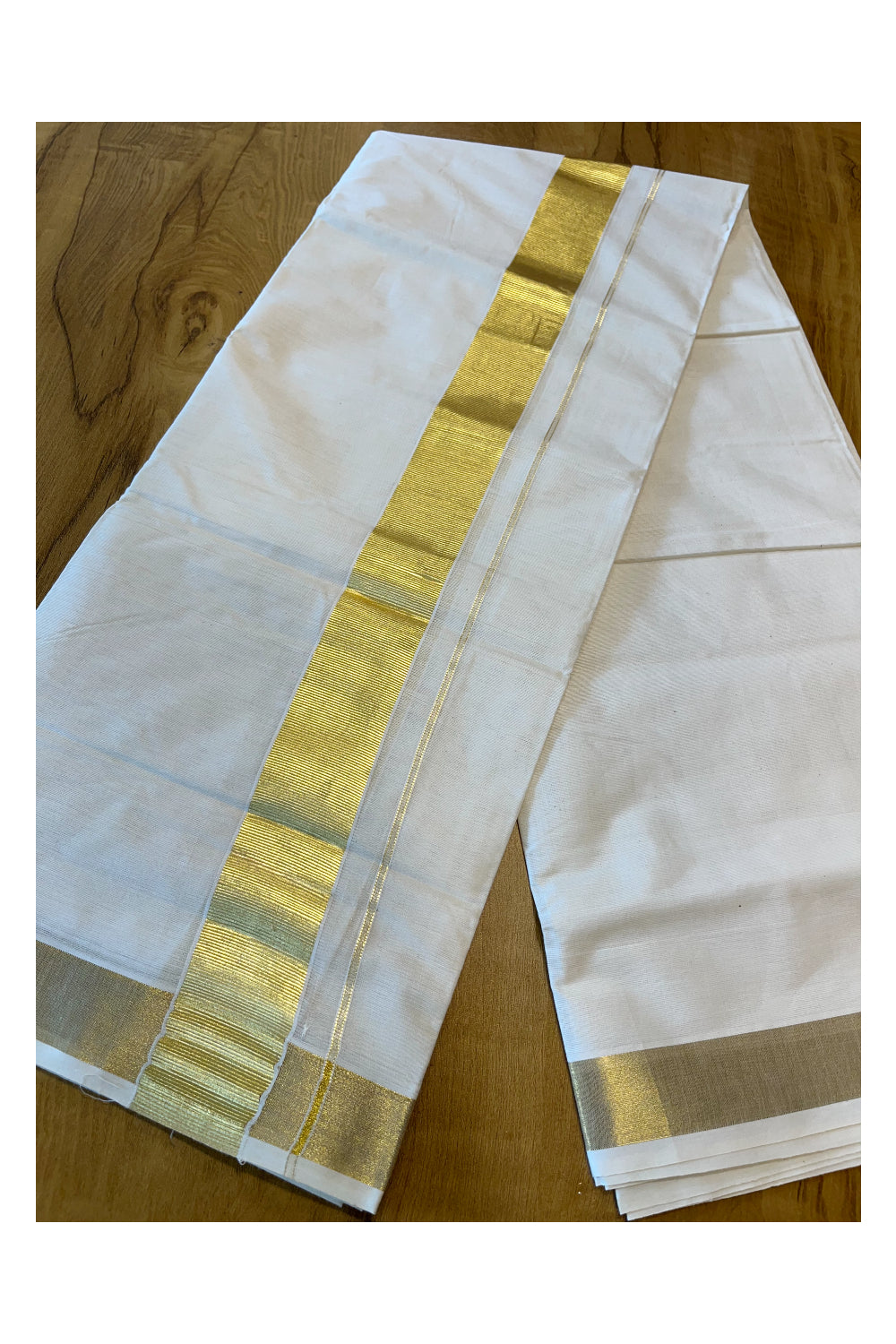 Pure Cotton Mundu with Golden Lines and Golden Border (South Indian Kerala Dhoti)