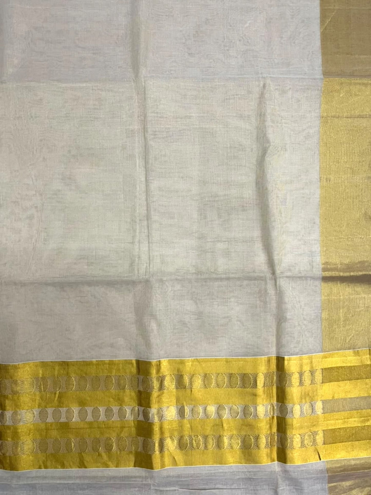 Southloom Super Premium Balaramapuram Handloom Tissue Saree with Golden Butta Work and Gold Polka Kasavu Border