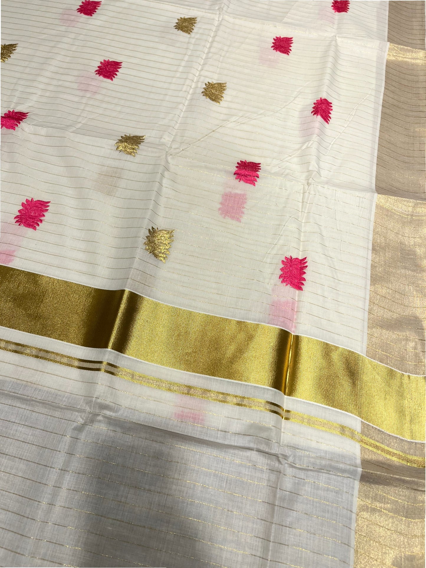 Southloom Kerala Cotton Kasavu Line Saree with Pink Lotus Embroidery Works