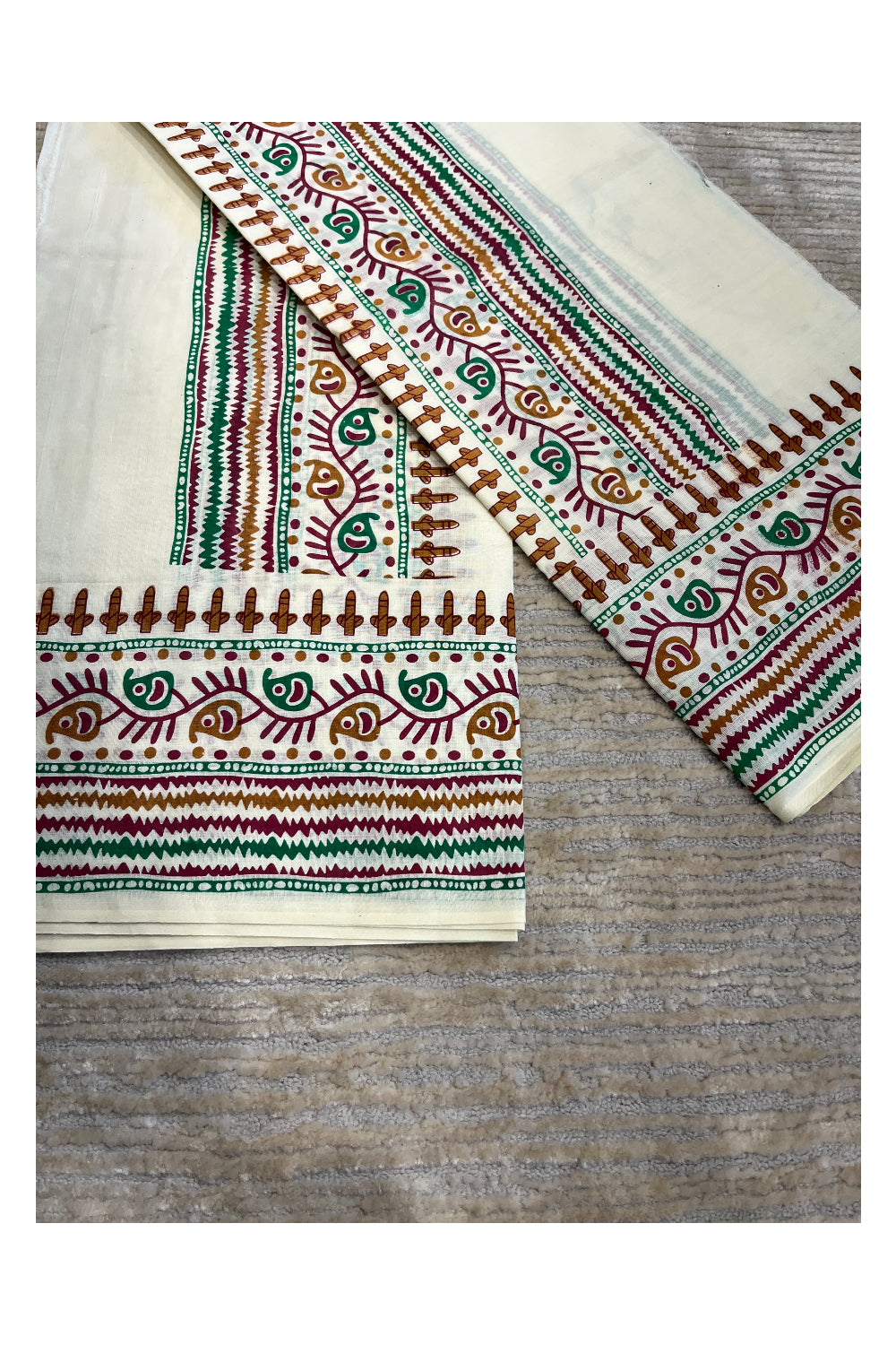 Southloom Pure Cotton Mulloth Set Mundu with Warly Print (Purple Printed Blouse Piece)