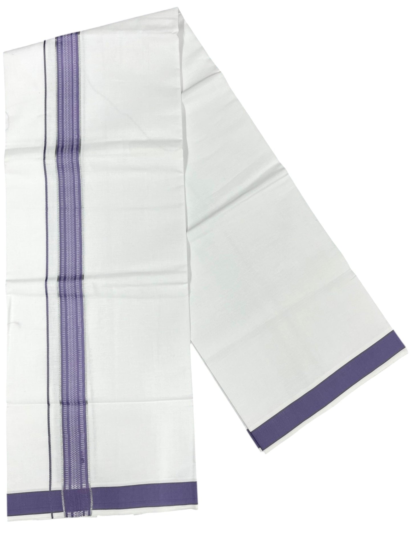 Southloom Pure White Cotton Single Mundu with Silver Line & Lavender Border (South Indian Kerala Dhoti)