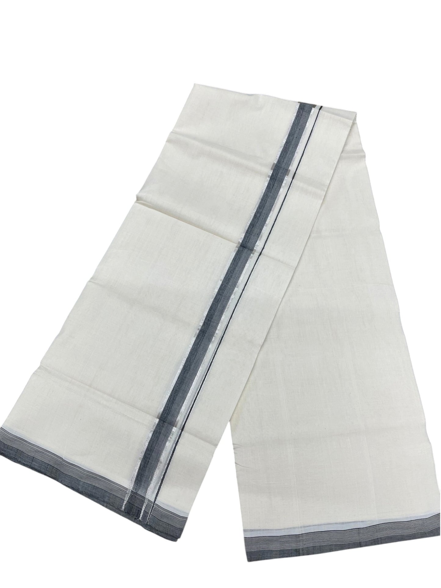 Southloom Unakkupaavu Premium Handloom Cotton Double Mundu with Silver Kasavu and Grey Border