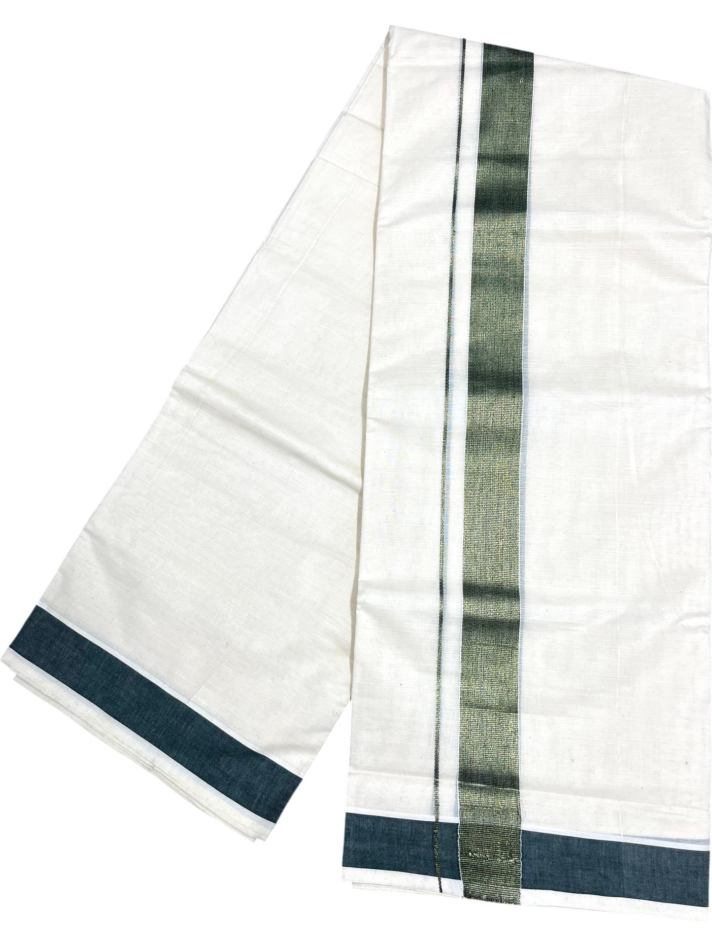 Southloom Kerala Pure Cotton Double Mundu with Green Border (South Indian Dhoti)
