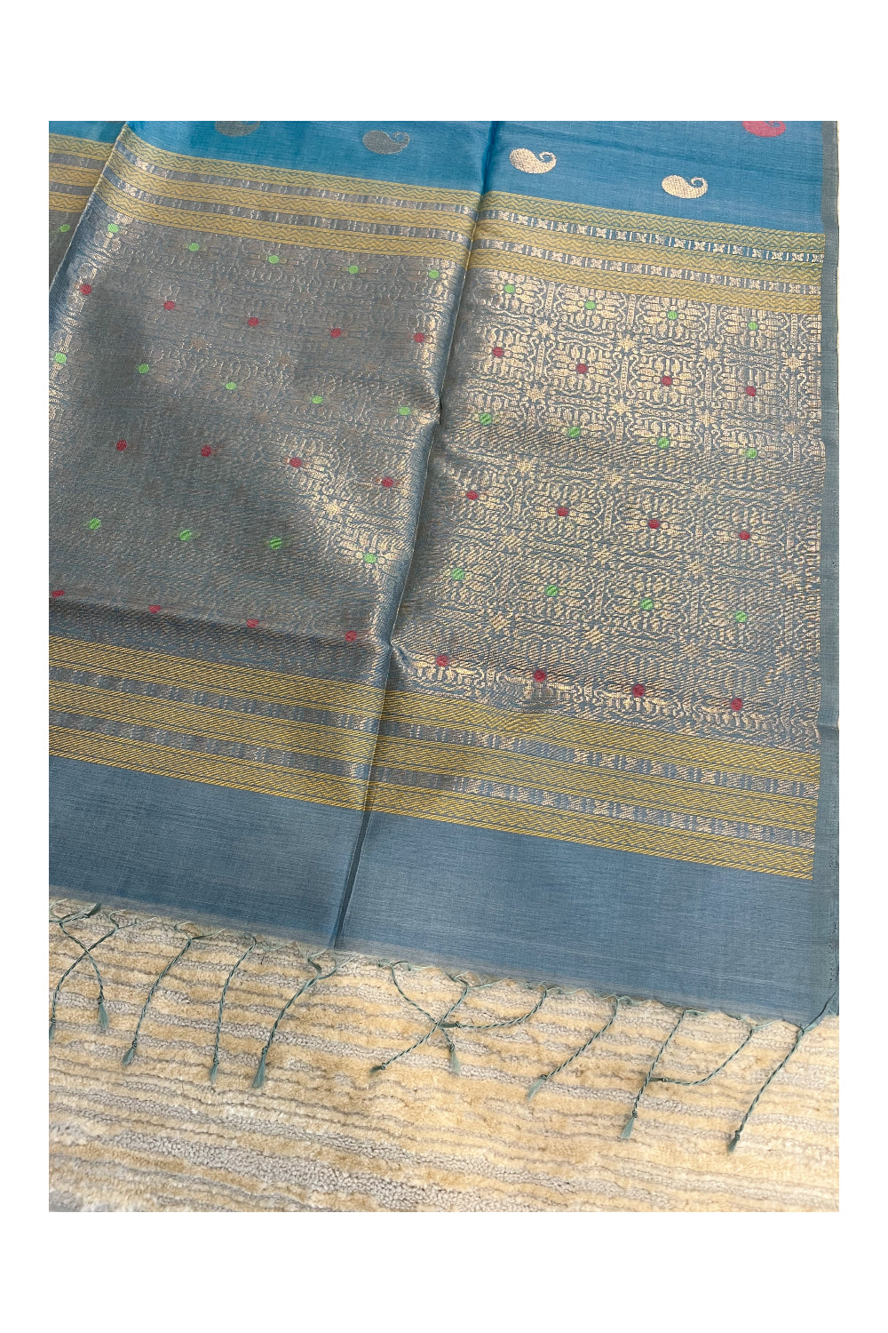 Southloom Pure Handloom Cotton Silk Saree With Handwoven Work Across Body and Blouse in Blue And Grey
