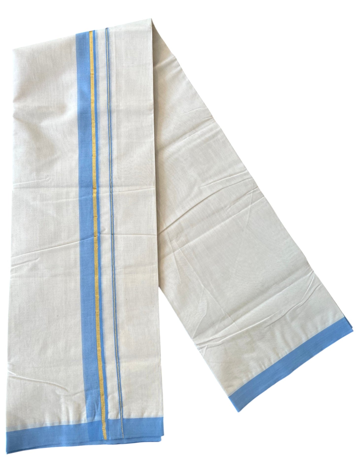 Southloom Pure Cotton Mundu with Golden Lines and Blue Border (South Indian Kerala Dhoti)