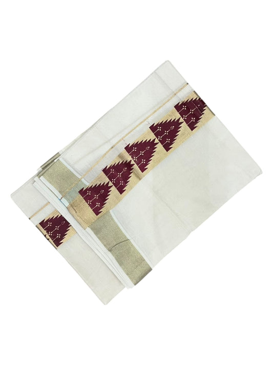 southloom Pure Cotton Double Mundu with Block Prints on Maroon Border (South Indian Dhoti)SL613