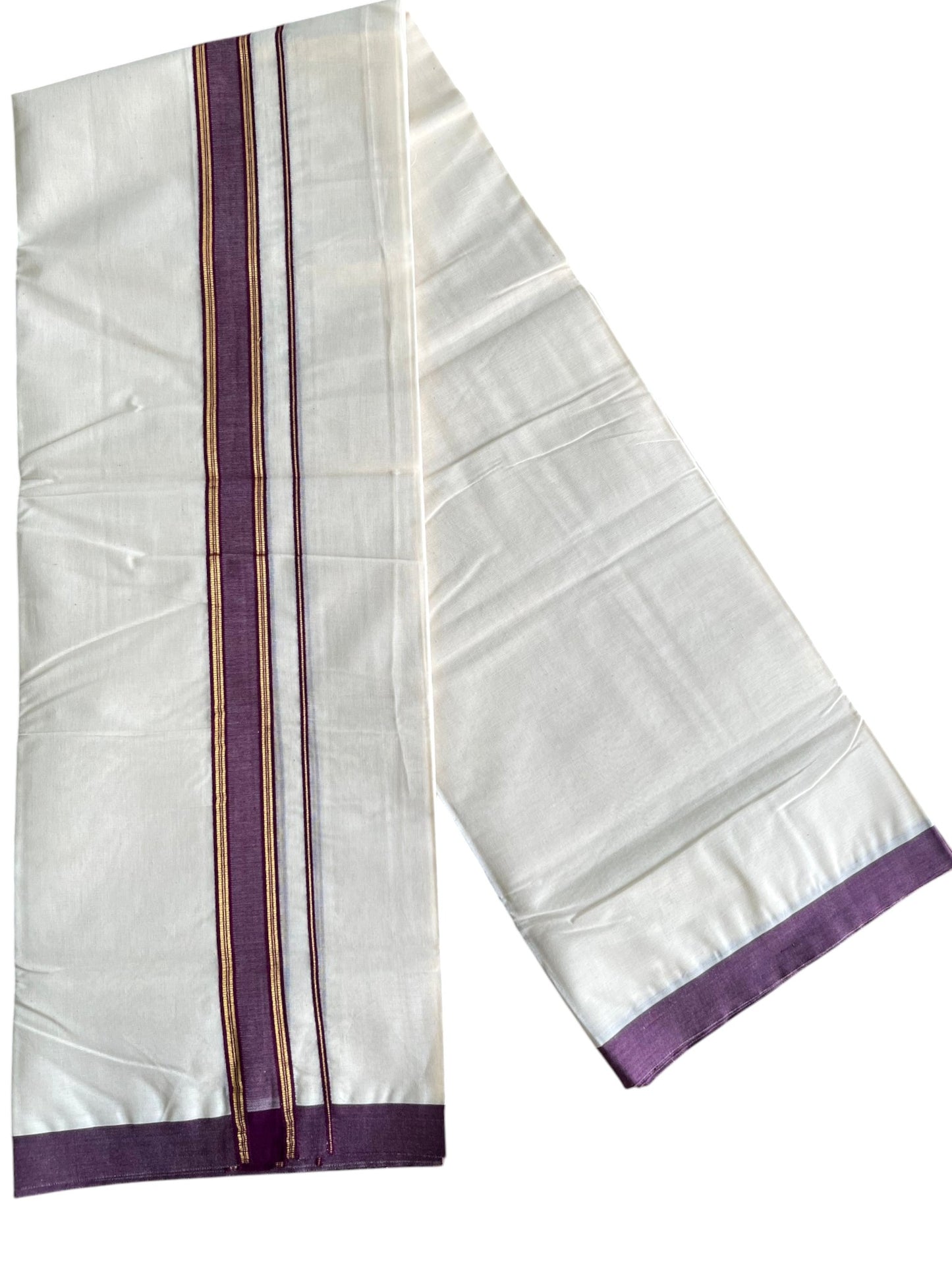 Southloom Pure Cotton Mundu with Golden Lines and Purple Border (South Indian Kerala Dhoti)