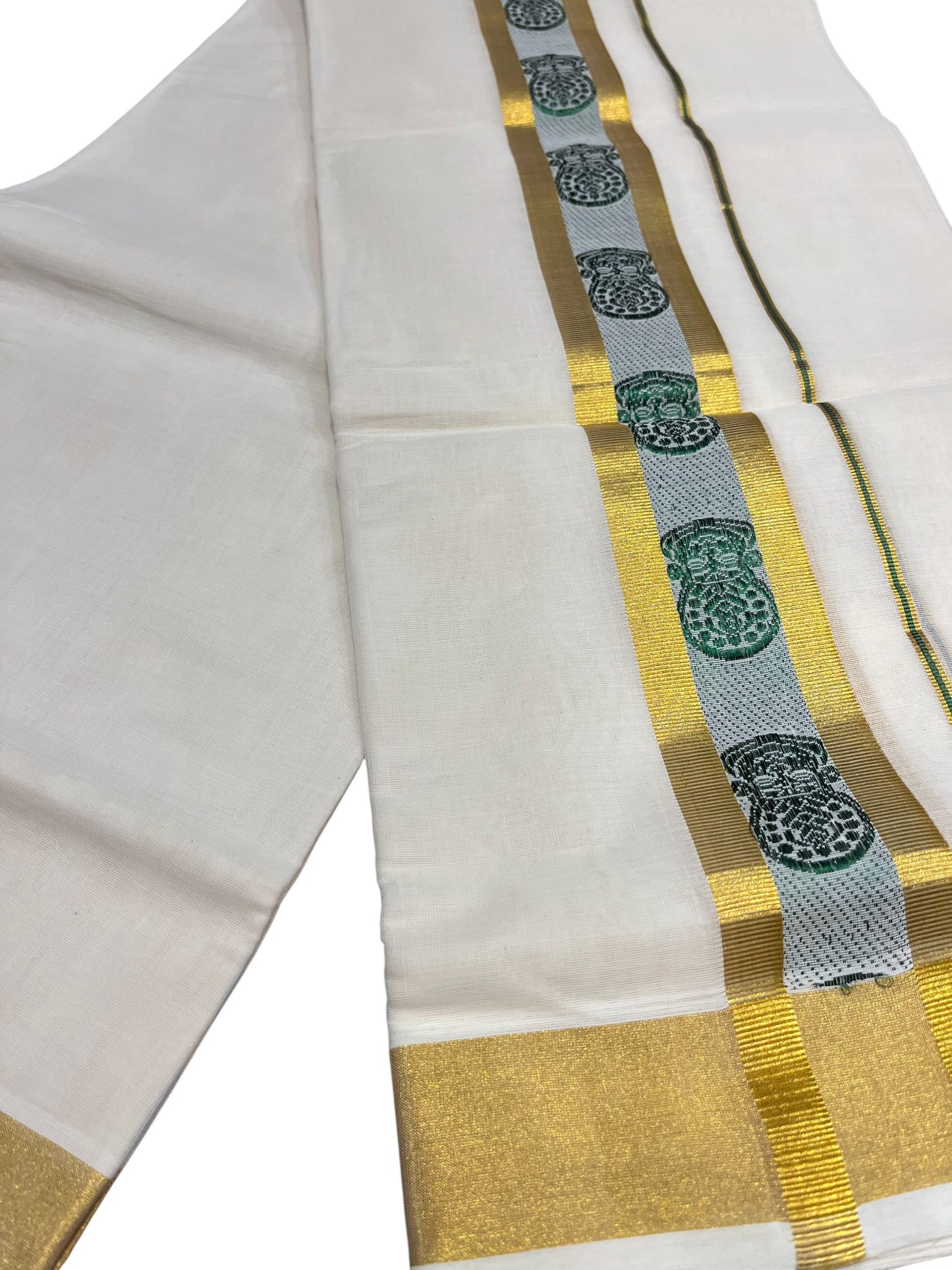 Southloom Premium Handloom Cotton Double Mundu with Gold And Green Woven Work Kasavu Border