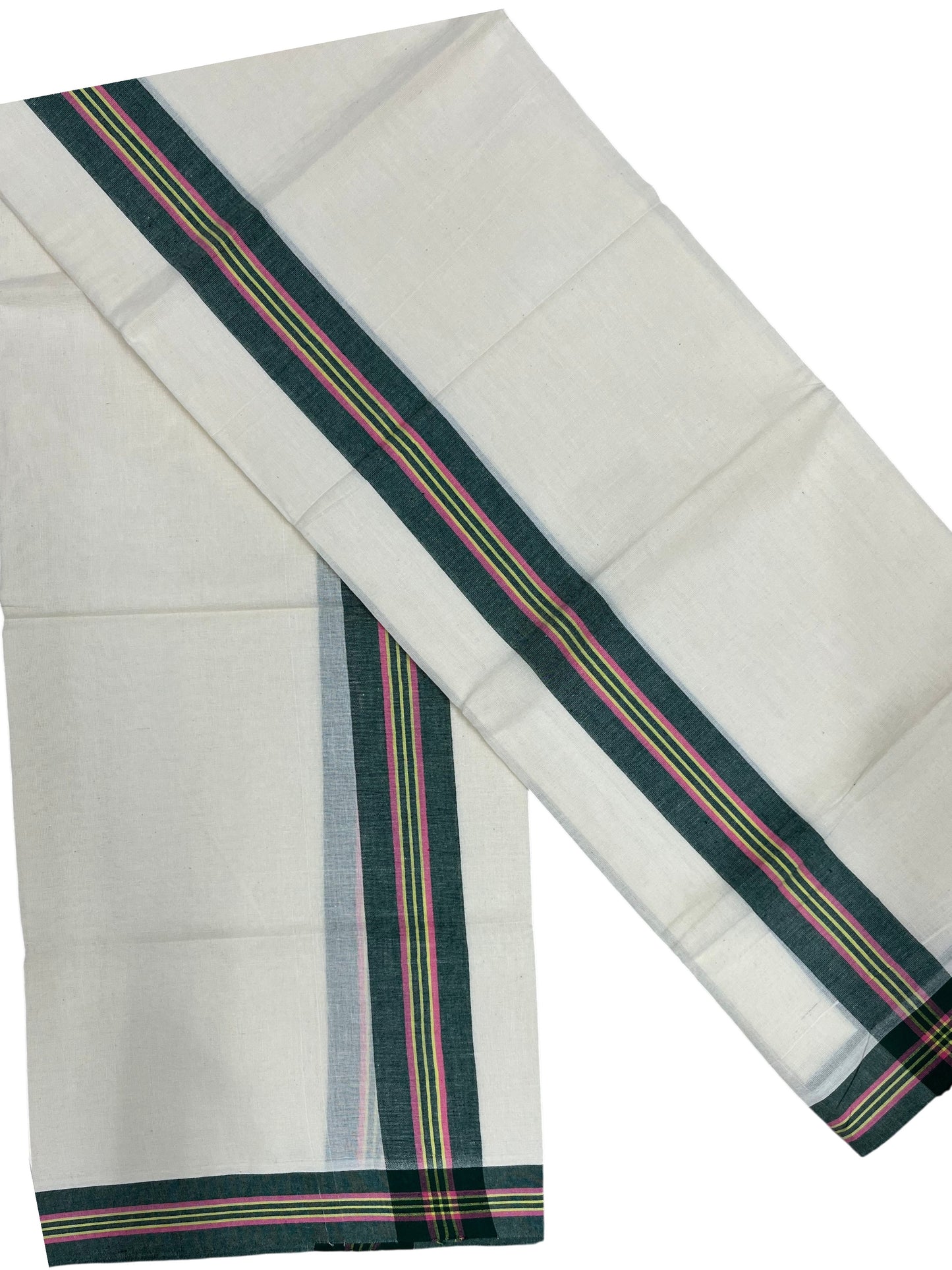 Southloom Pure Cotton Kerala Single Mulloth Set Mundu (Mundum Neriyathum) Green & Yellow Border in 2.80 Mtrs