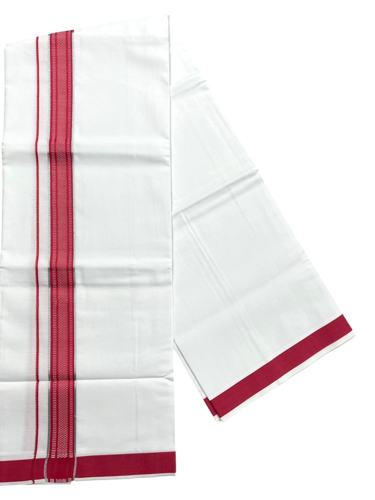 Southloom Pure White Cotton Mundu with Silver Line & Dark Pink Border (South Indian Kerala Dhoti)