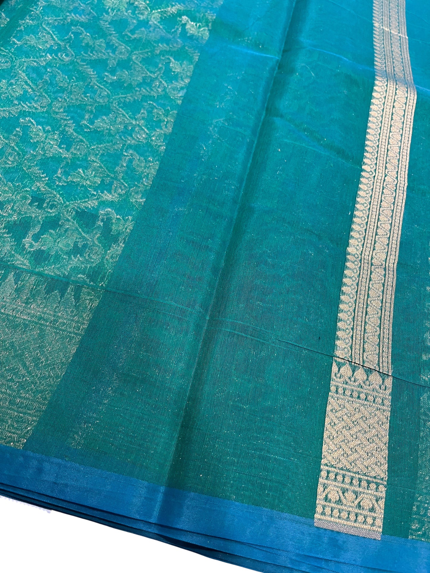 Southloom Cotton Banarasi Silk Saree with Woven Work on Body and Borders (Green & Blue)