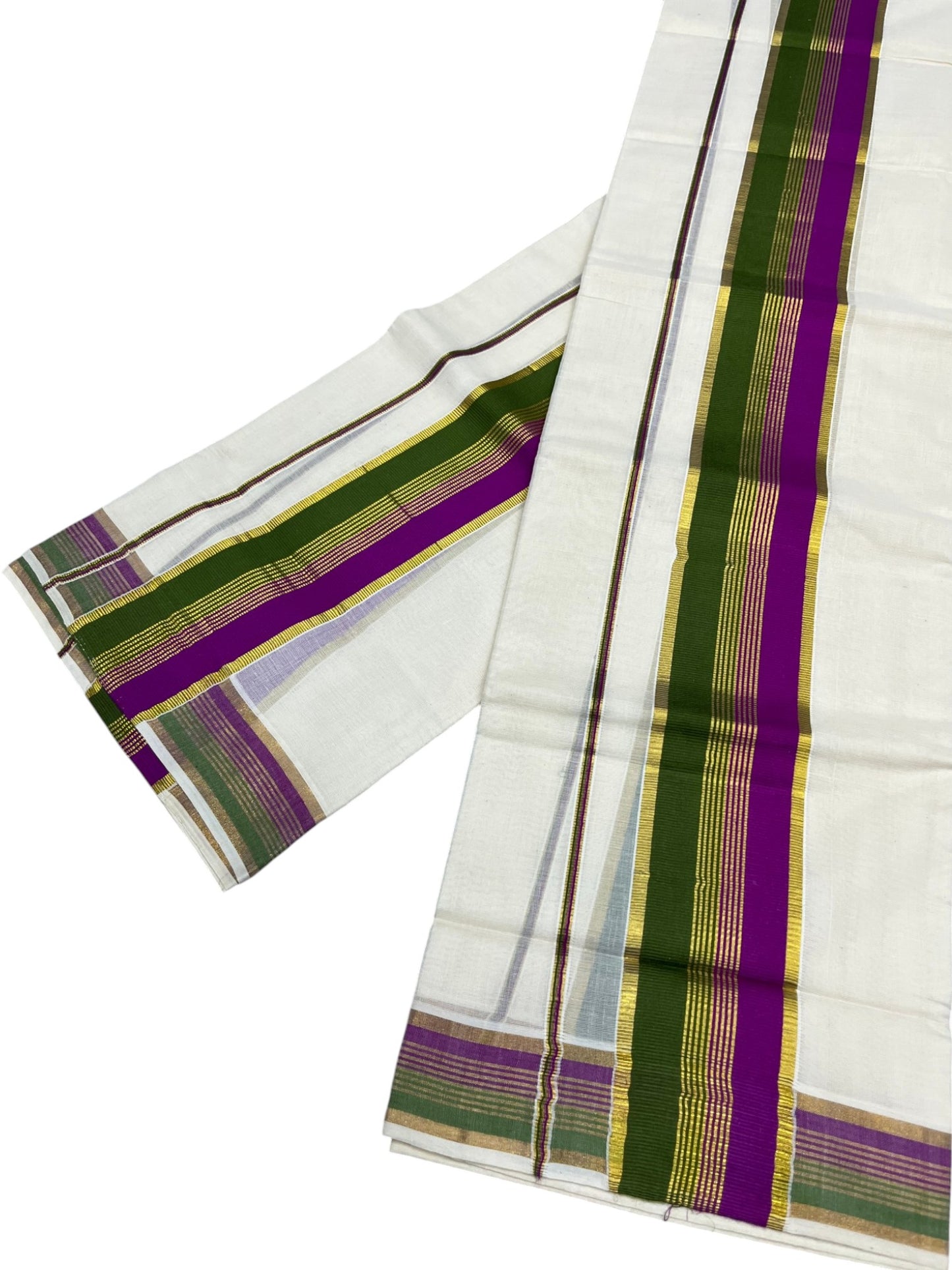 Southloom Kerala Cotton Kasavu Single Set Mundu (Mundum Neriyathum) with Olive Green And Magenta Kasavu Border SLKK