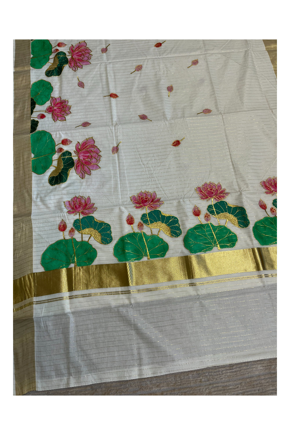 Southloom Cotton Kerala Kasavu Saree with Hand Painted Embroidery Lotus Design