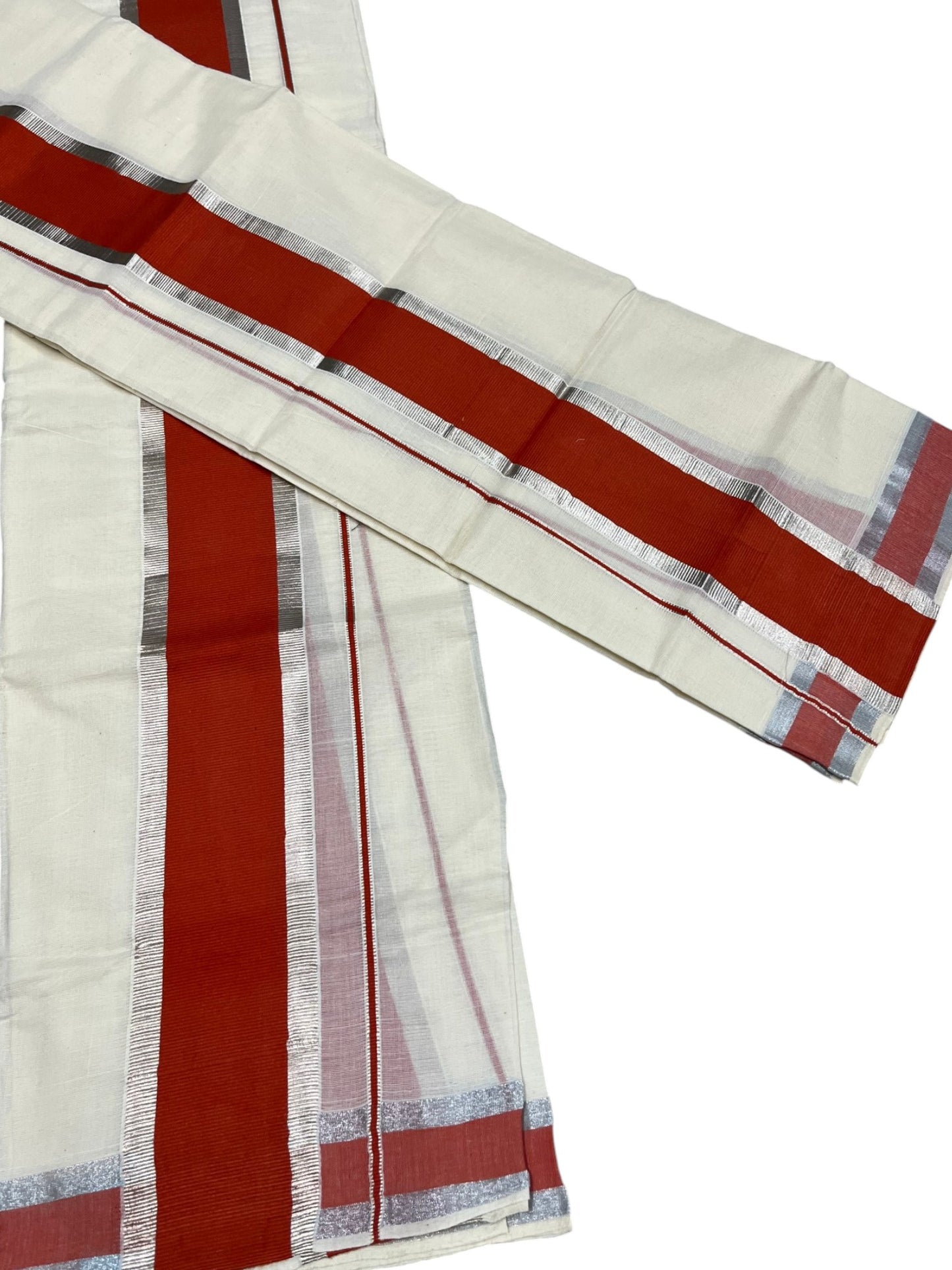 Kerala Cotton Mundum Neriyathum Single (Set Mundu) with Dark Orange and Silver Kasavu Border 2.80 Mtrs SLKK SL470