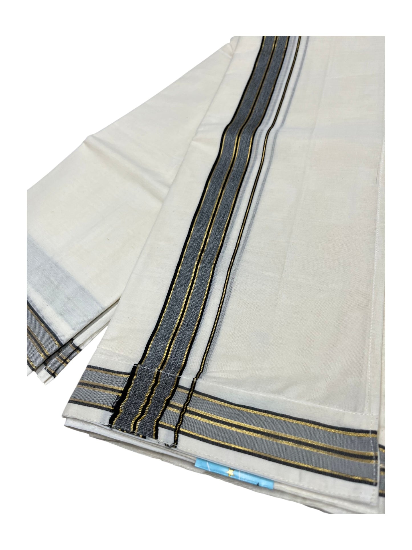 Southloom Kerala Cotton Velcro Double Mundu with Gray And Gold Kasavu Border (South Indian Kerala Dhoti)