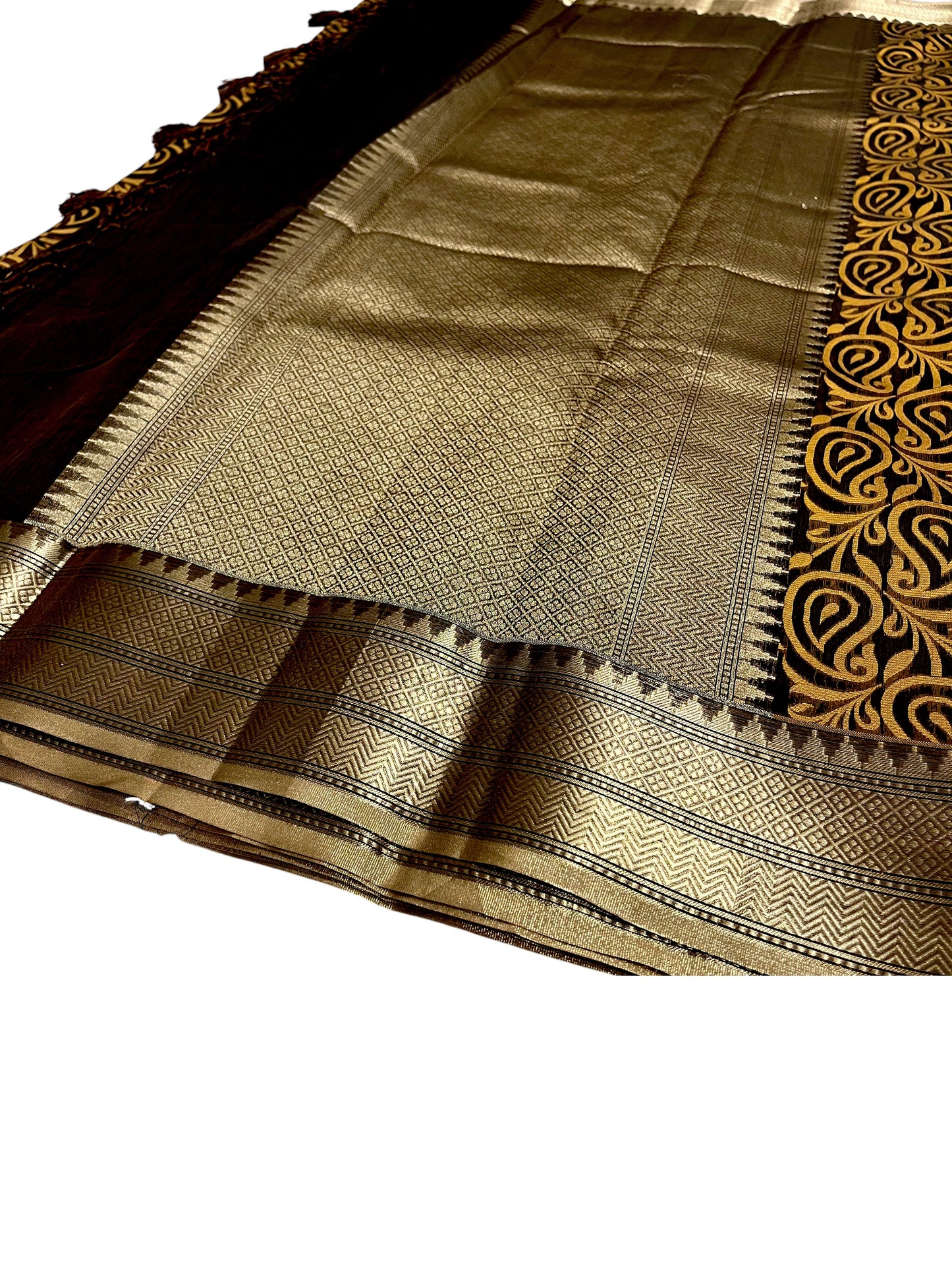 Southloom Cotton Banarasi Silk Saree with Woven Work on Body and Borders(Brown)
