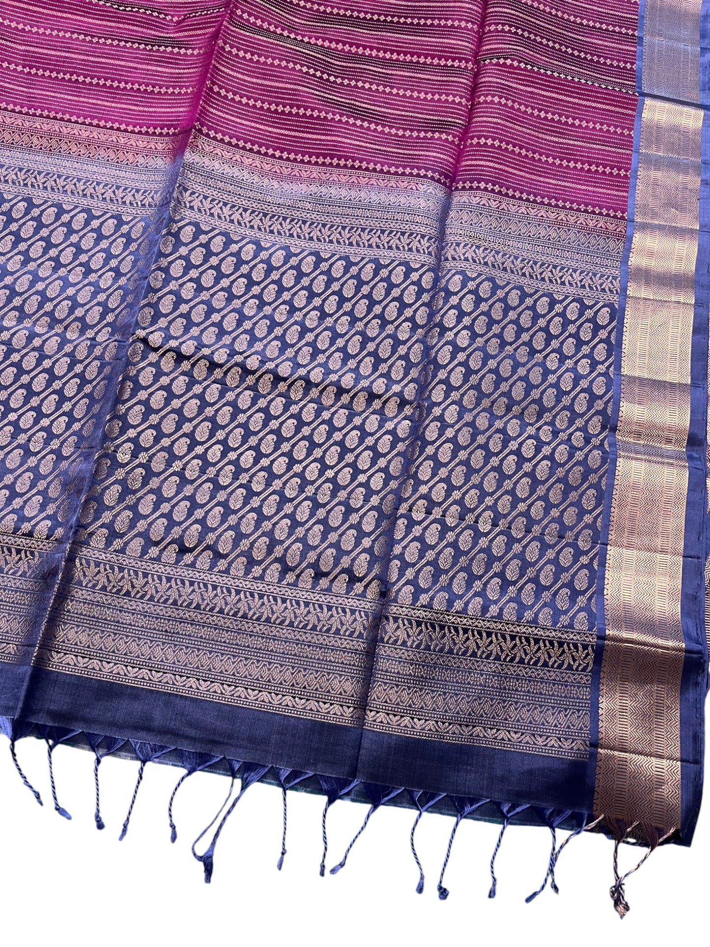 Southloom Pure Handloom Bridal Kanchipuram Silk Saree with Korvai Zari Work (Purple & Blue)