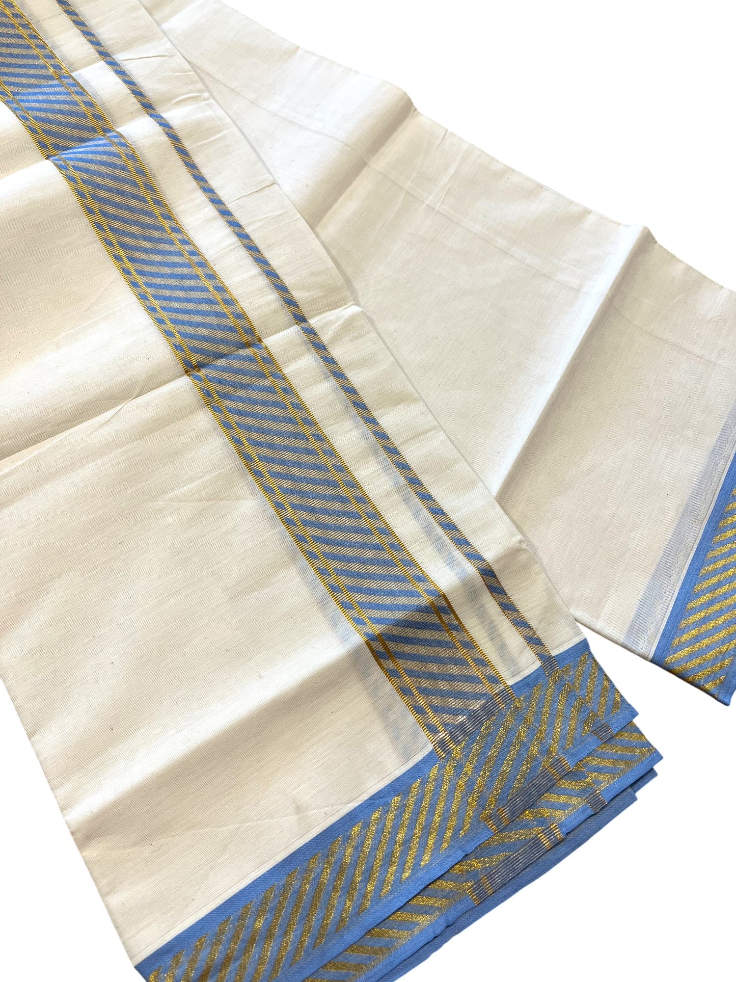 Southloom Off White Cotton Single Mundu with Ksavu and Kara Blue Border (South Indian Dhoti)
