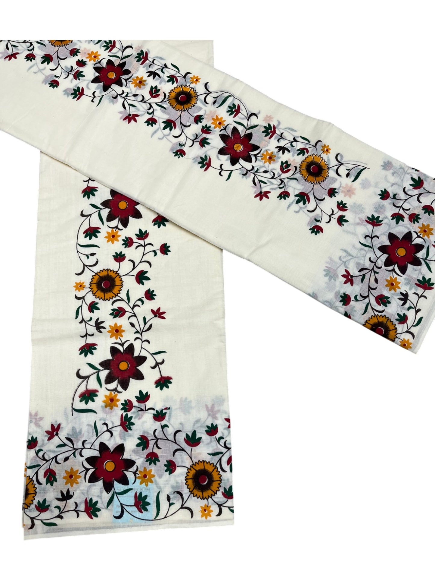 Southloom Cotton Single Set Mundu (Mundu Neriyathum) With Floral Print On Kasavu in 2.80 Mtrs