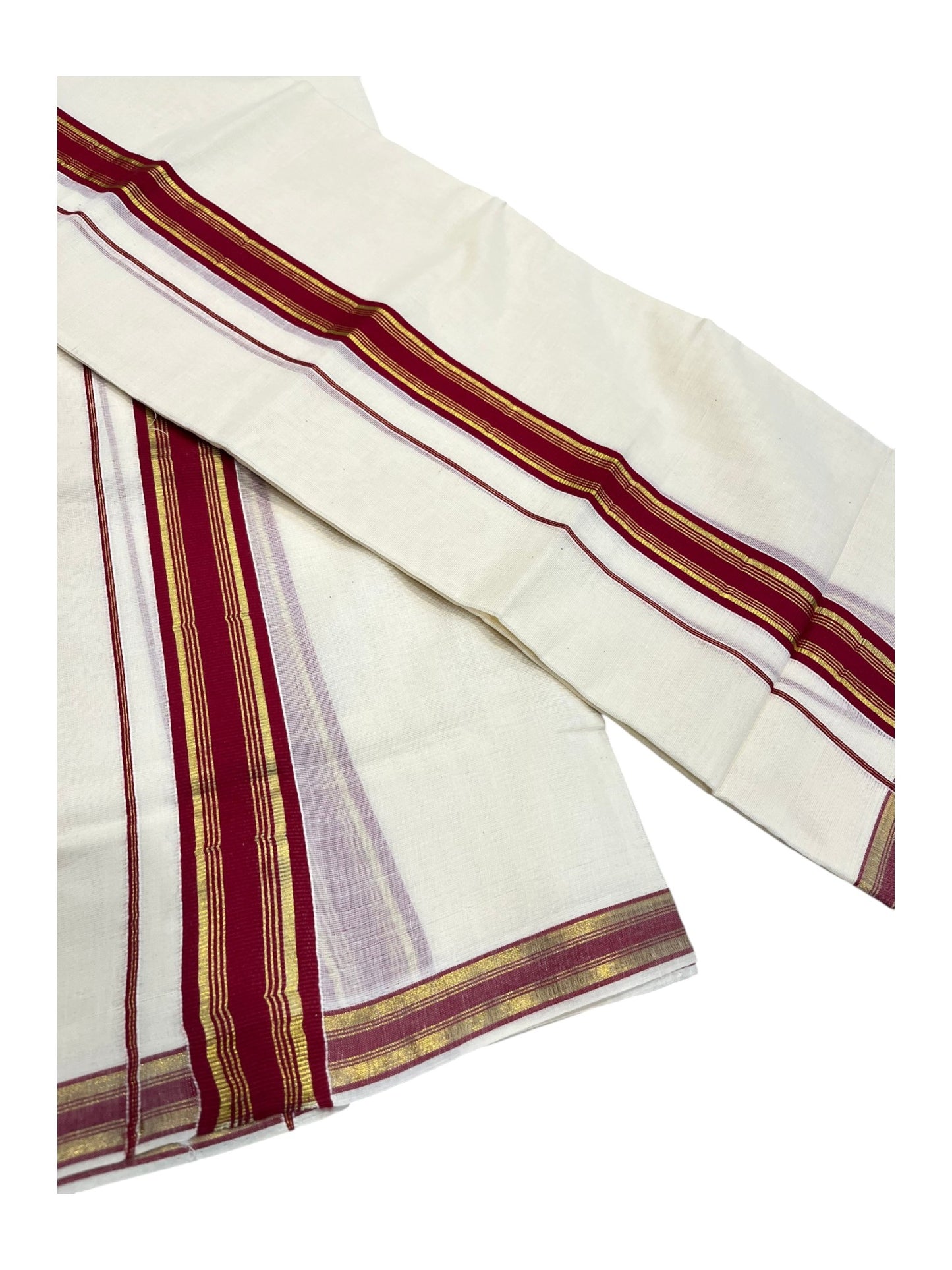 Southloom Kerala Cotton Single Set Mundu (Mundum Neriyathum) with Kasavu and Maroon Border 2.80 Mtrs