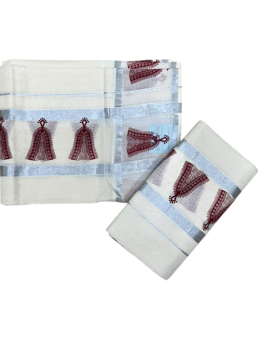 Southloom Pure Cotton Kerala Single Set Mundu (Mundum Neriyathum) with Maroon Printed And Silver Border 2.80 Mtrs