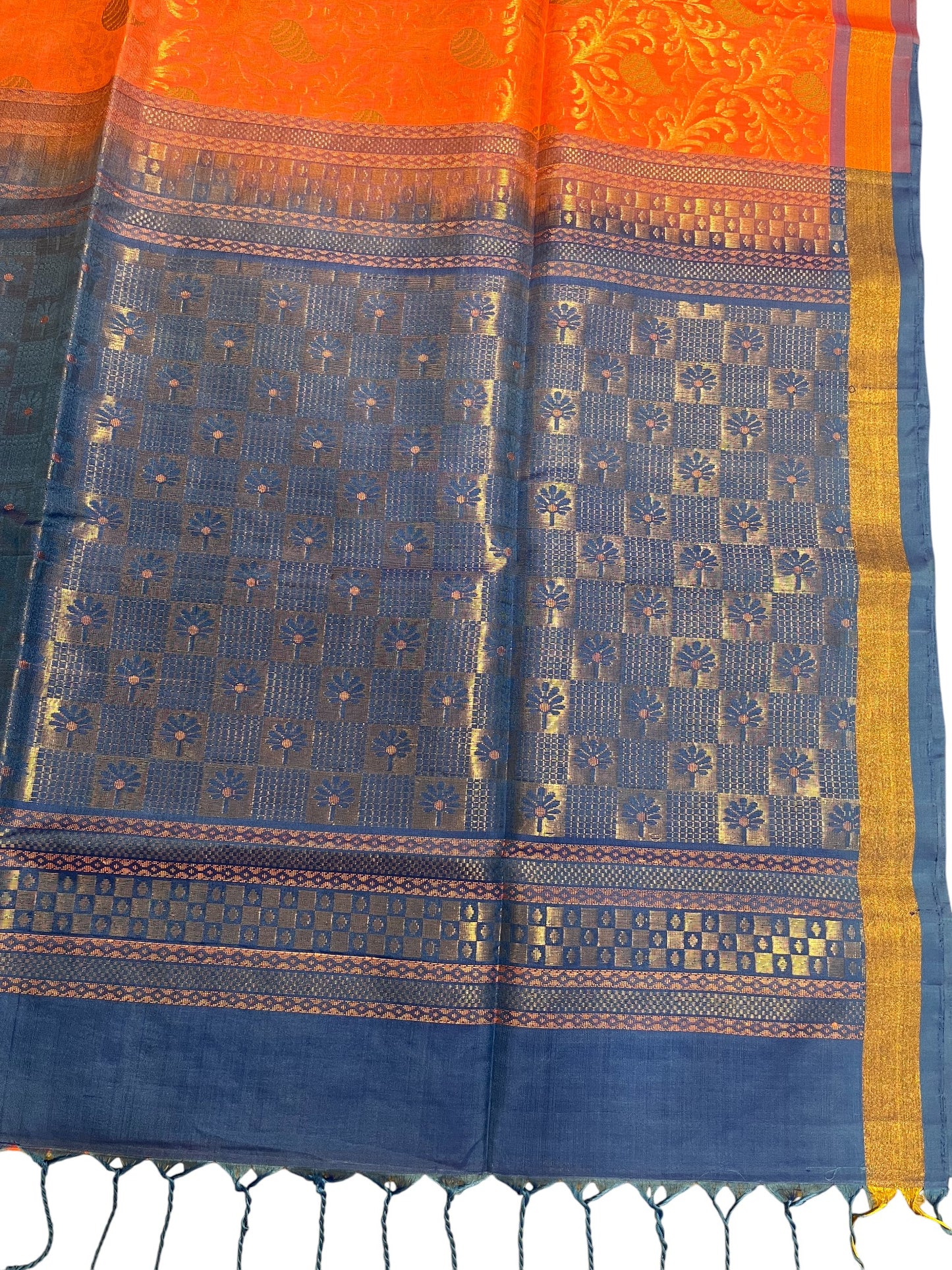 Southloom Pure Handloom Kanchipuram Silk Saree Korvai Zari Work (Blue & Peach)