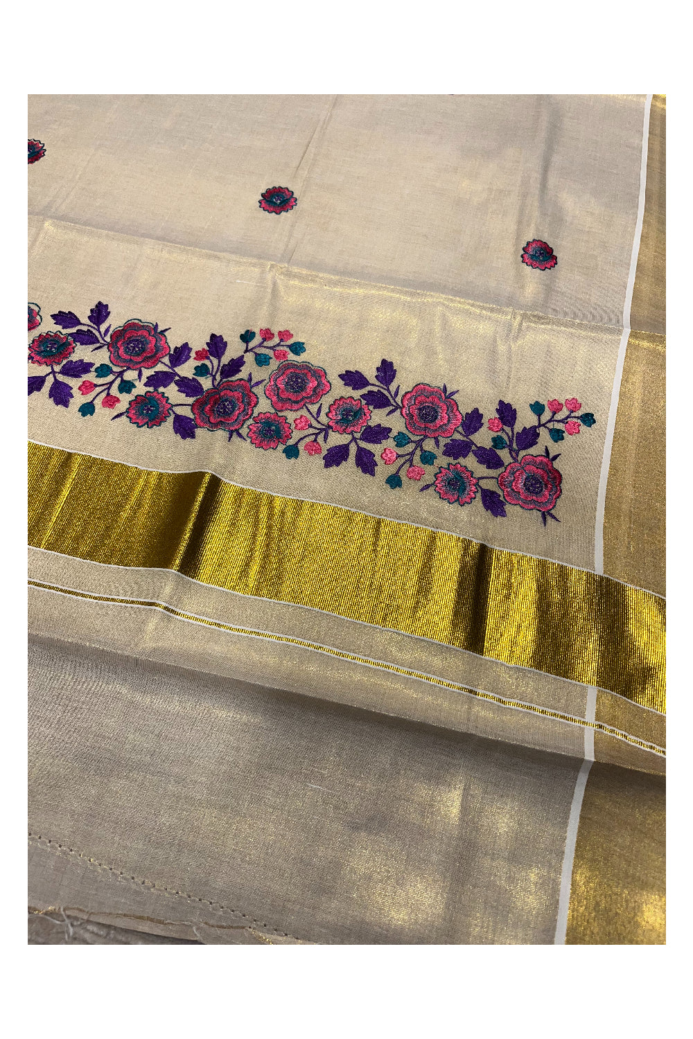 Southloom Tissue Kerala Kasavu Saree with Floral Embroidery Design