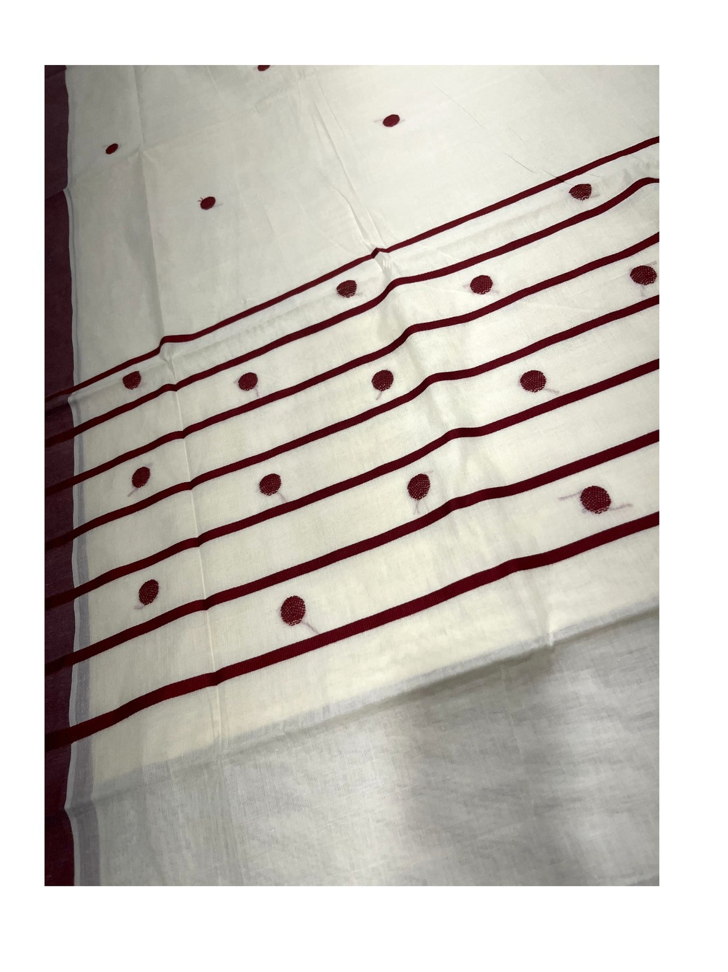 Southloom Kerala Pure Cotton Saree with Maroon Polka Embroidery Works on Body