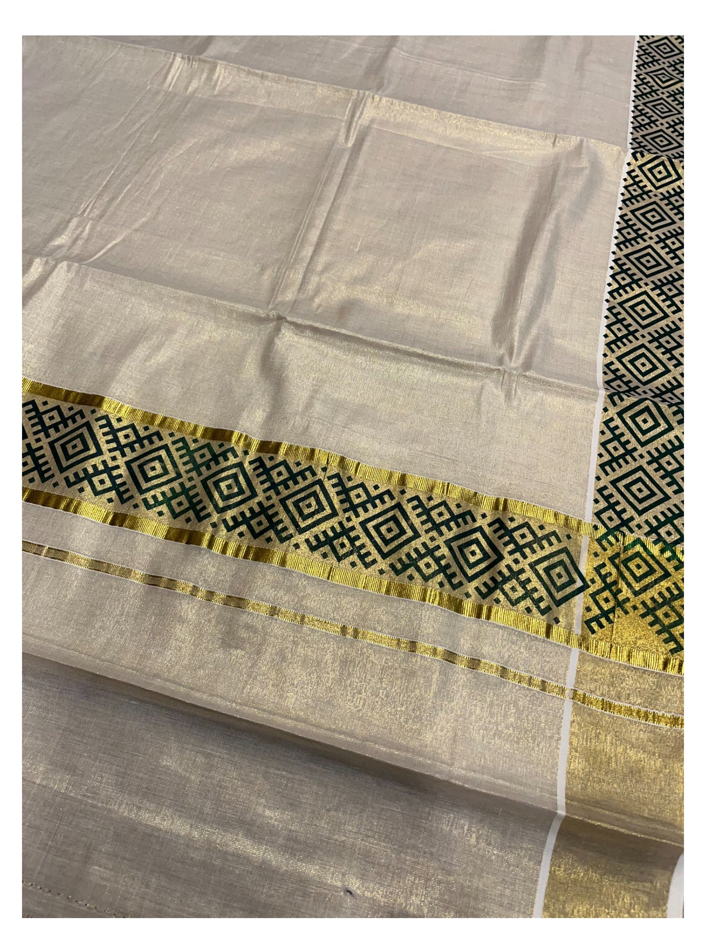 Southloom Kerala Tissue Kasavu Plain Saree Green Hand Printed